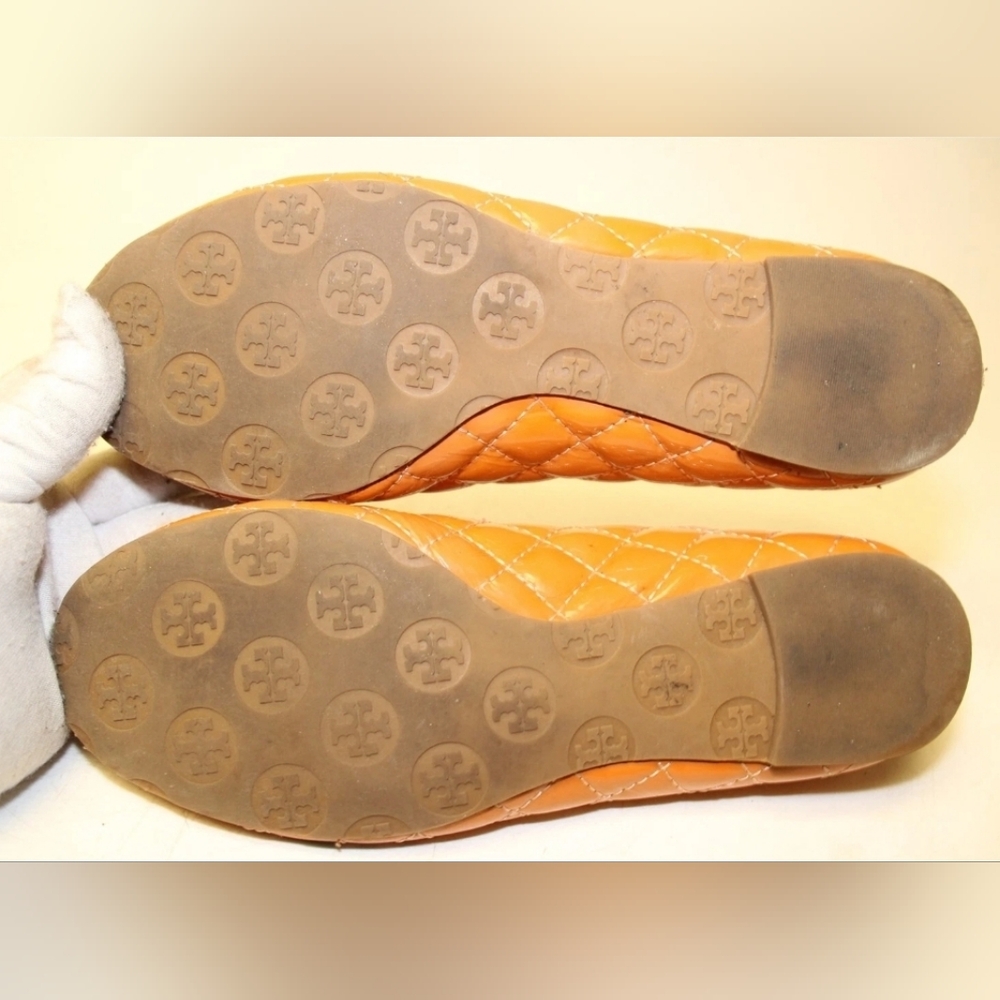 Tory Burch Reva Quilted Patent Leather Ballet Flats Orange Camel Brown Vachetta - Picture 10 of 10